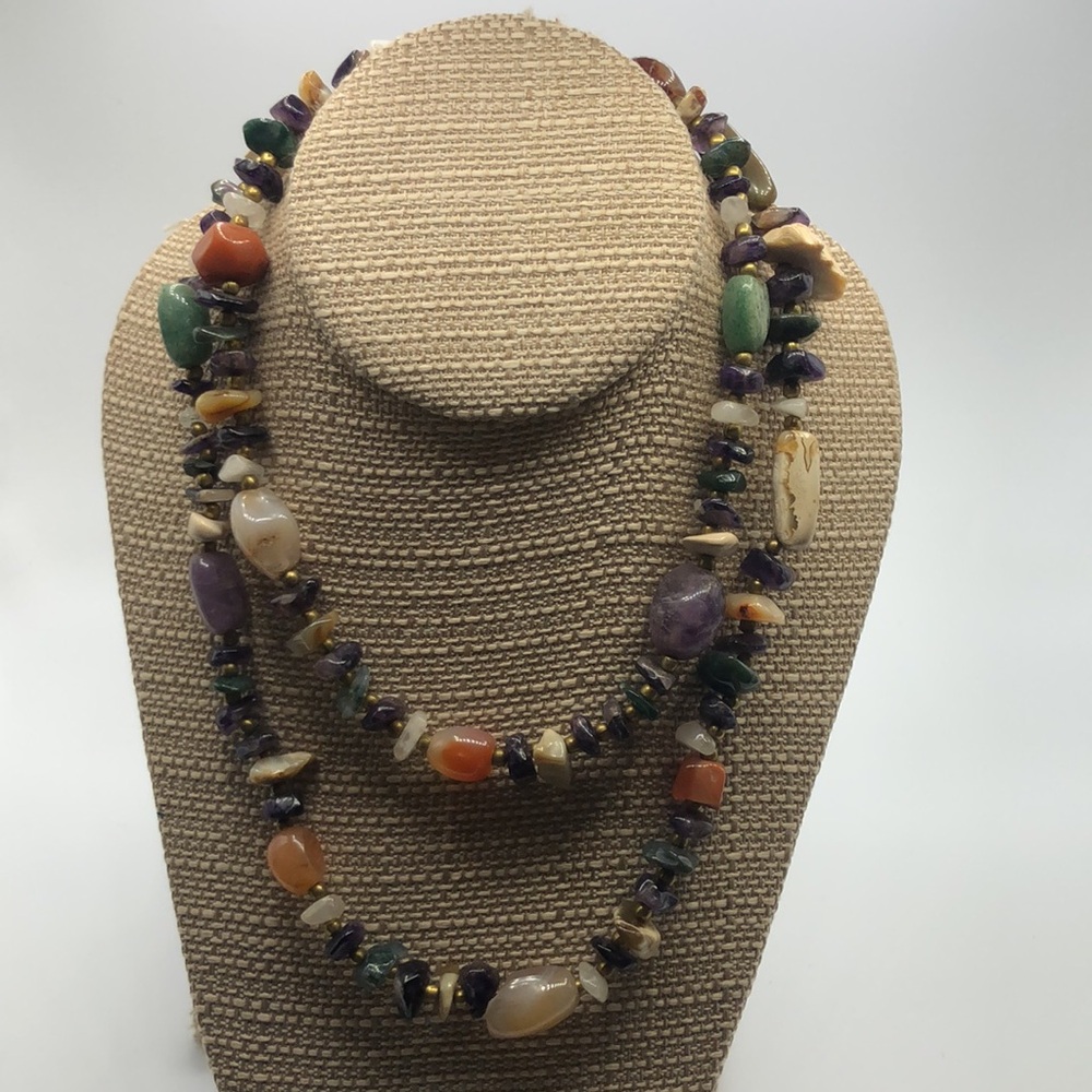 Beggars Beads Necklace semi-precious stones Length 34”